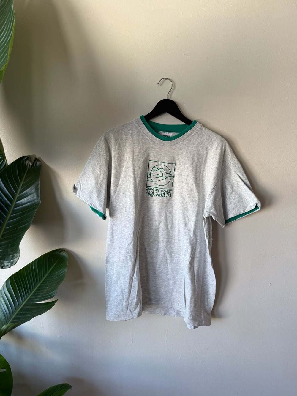 Vintage Oregon Coast Aquarium Double Layer Tee Grey Green Size L Made in USA